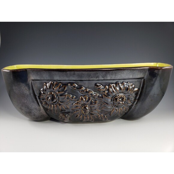 Large 14" Red Wing Pottery Sunflower Planter Brown w Yellow Interior #2018 VTG - Picture 1 of 10